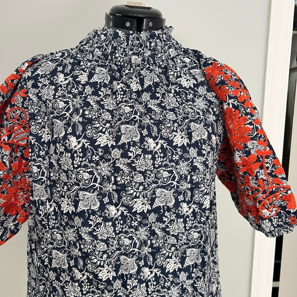 Floral Print Women's Top - Red and Blue mock neck